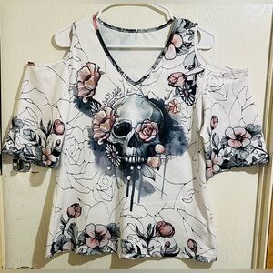 SHEIN White Black Graphic Ruffled 3/4 Sleeve Blouse